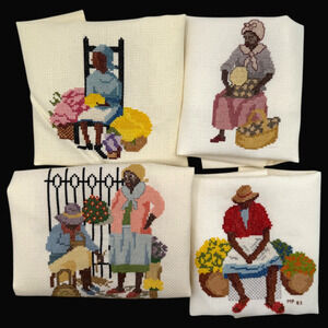 Lot of 4 Finished Cross Stitch Pieces Charleston South Carolina Market Vintage